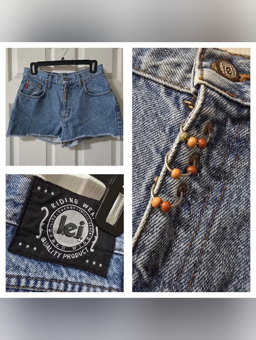 Vintage Y2K Lei High Waist Ridgid Denim Cut-Off Micro Shorts, Embellished Fly.